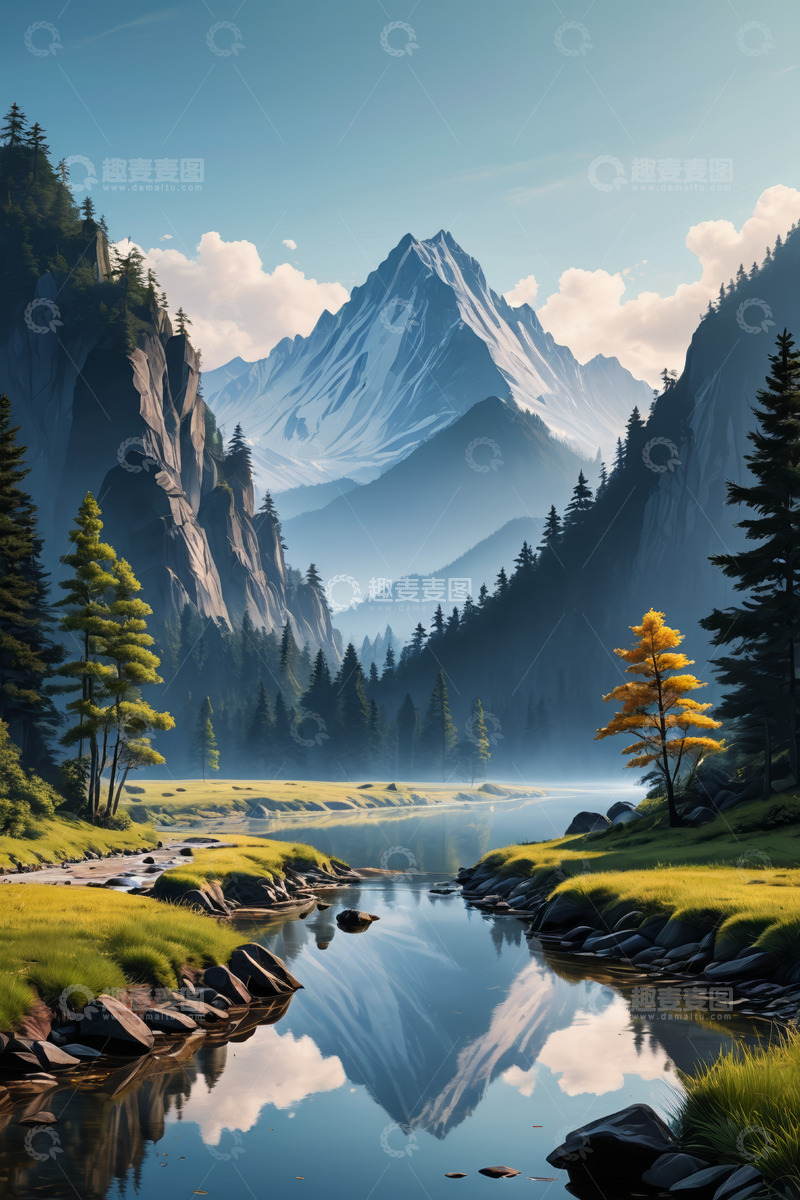 高清大图下载【趣麦麦图】山间河流与远处雪山风景