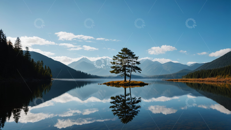 高清大图下载【趣麦麦图】湖中小岛孤树与山水风景