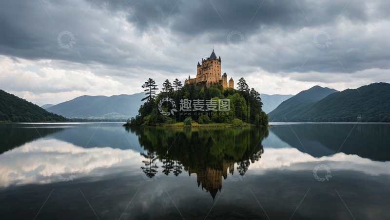 高清大图下载【趣麦麦图】湖心岛城堡与山水景观
