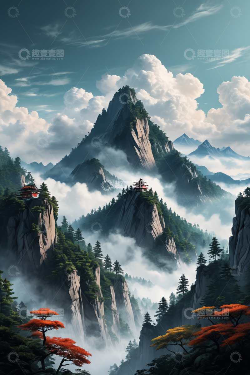 高清大图下载【趣麦麦图】中式山水云雾缭绕风景