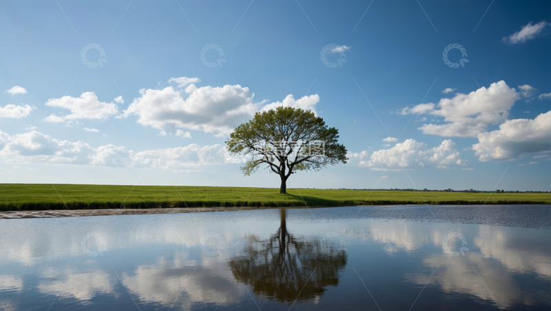 高清大图下载【趣麦麦图】湖畔孤树与蓝天白云风景