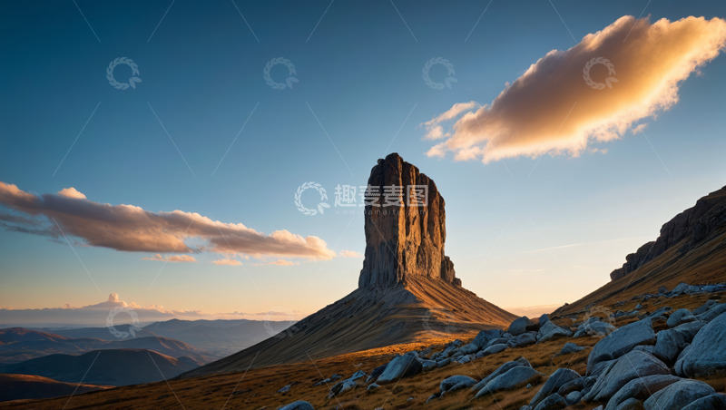 高清大图下载【趣麦麦图】山间高耸岩石与黄昏天空景观