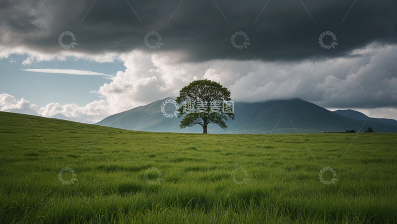 高清大图下载【趣麦麦图】草原上孤独的树与远山