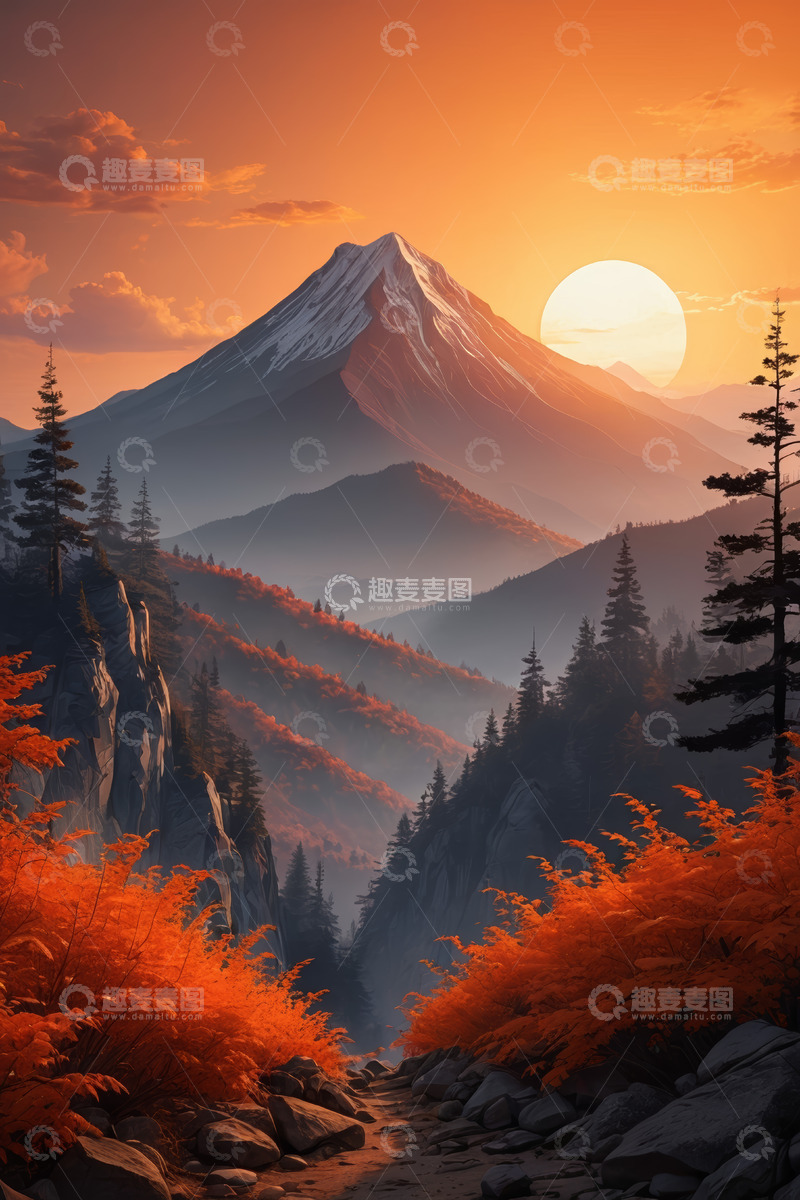 高清大图下载【趣麦麦图】夕阳下的山景与森林风光