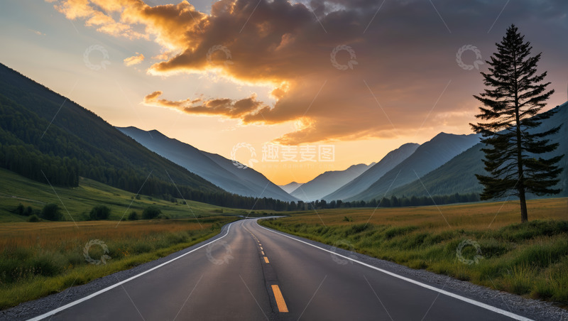 高清大图下载【趣麦麦图】山间公路日落自然景观
