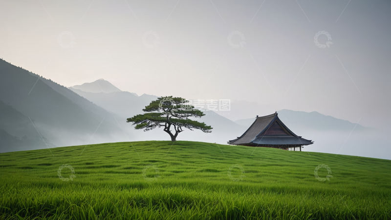 高清大图下载【趣麦麦图】山丘上的孤树与中式建筑