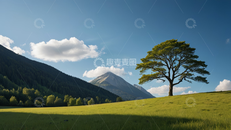 高清大图下载【趣麦麦图】草原孤树与远山风景