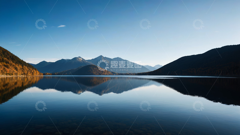 高清大图下载【趣麦麦图】静谧湖水与远处山峦景观