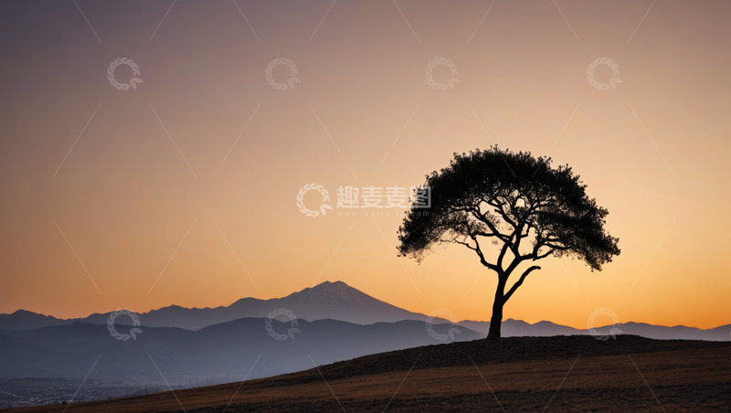 高清大图下载【趣麦麦图】夕阳下孤树与远山景观