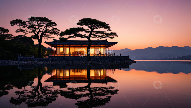 高清大图下载【趣麦麦图】湖畔古亭日落美景