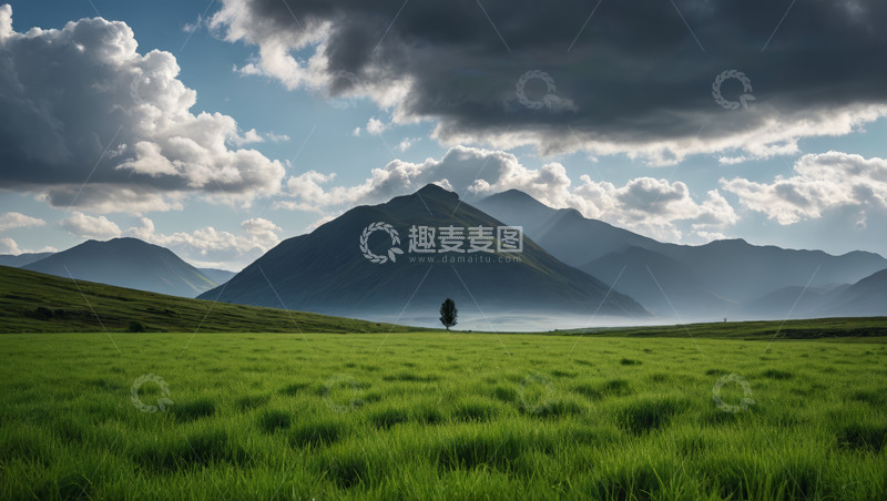 高清大图下载【趣麦麦图】草原远山与孤树风景