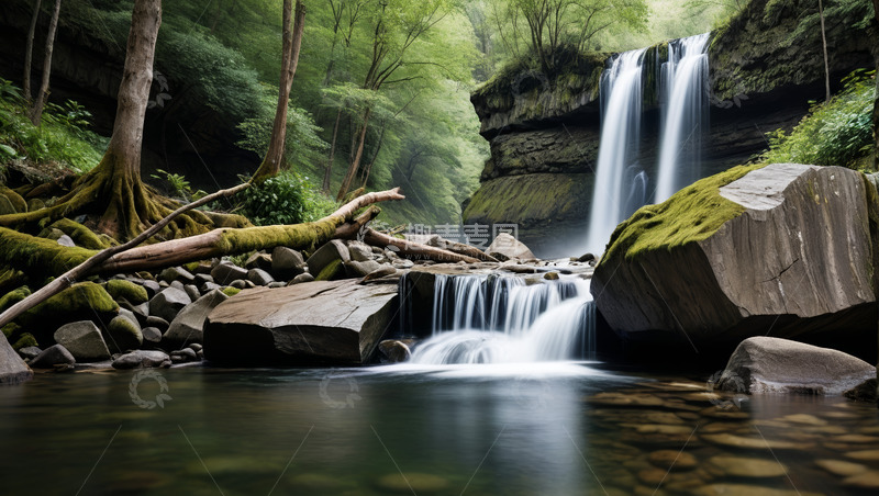 高清大图下载【趣麦麦图】森林中的瀑布自然景观