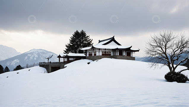 雪中山景中式建筑