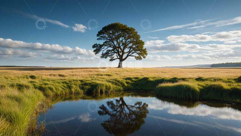 高清大图下载【趣麦麦图】原野中大树与水面倒影景观