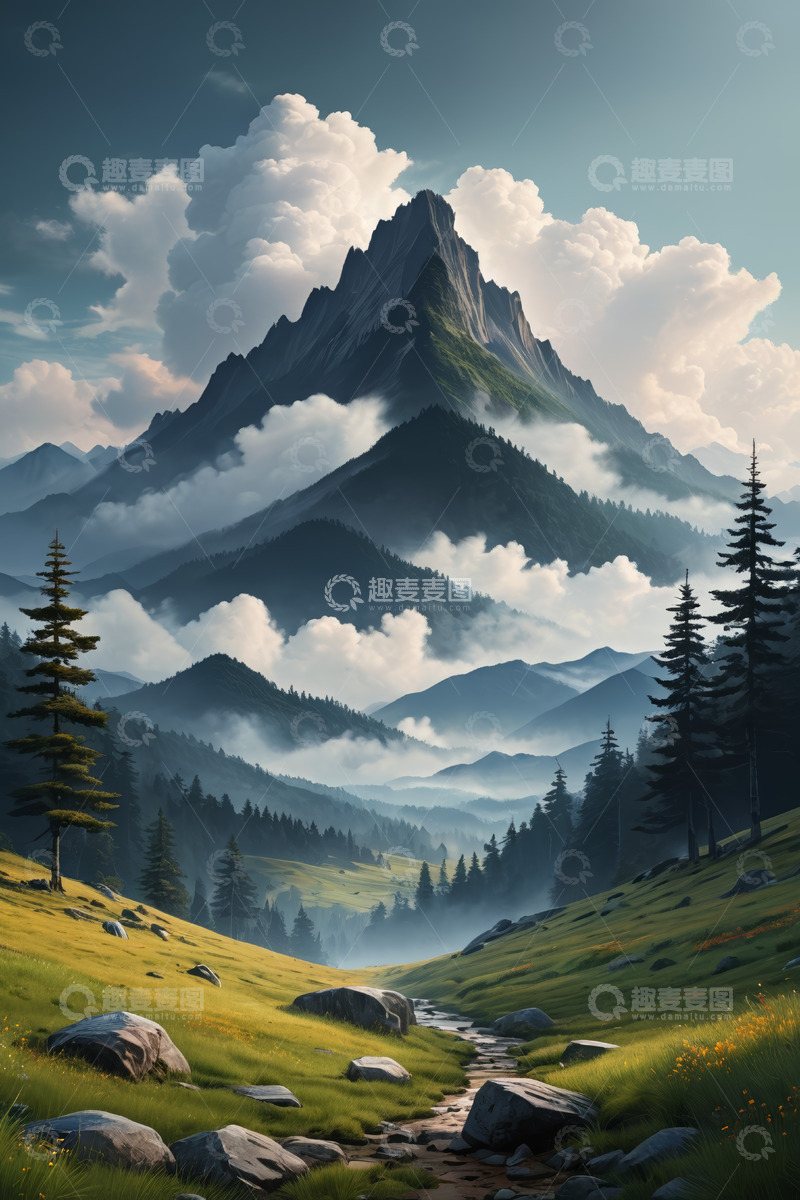 高清大图下载【趣麦麦图】山间草地与云雾缭绕的山峰