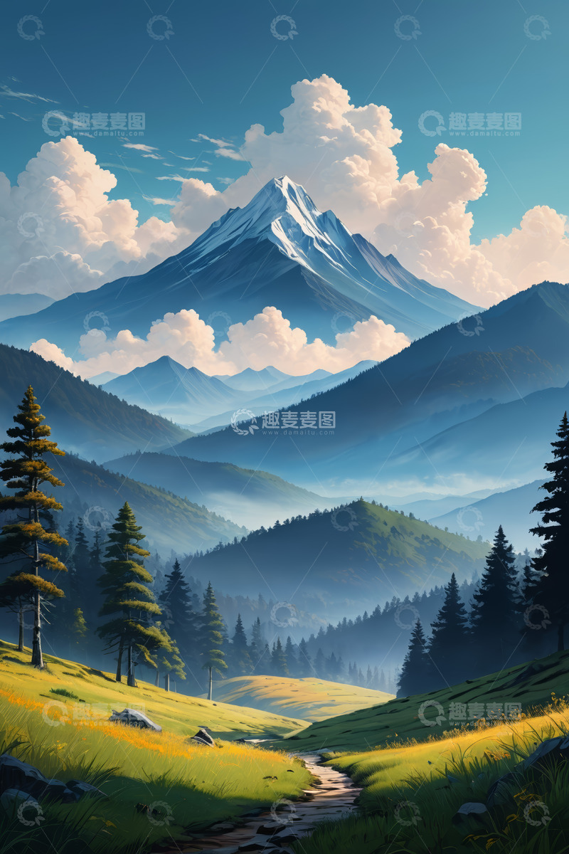 高清大图下载【趣麦麦图】山间草地与远处雪山风景
