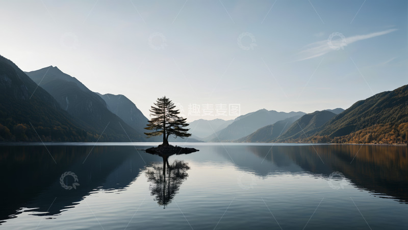 高清大图下载【趣麦麦图】湖心孤树与山水风光