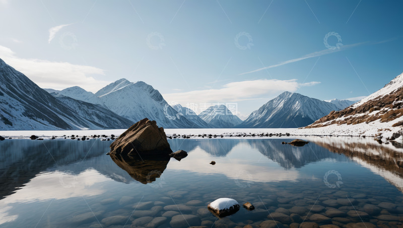 高清大图下载【趣麦麦图】雪山下平静湖泊与巨石景观