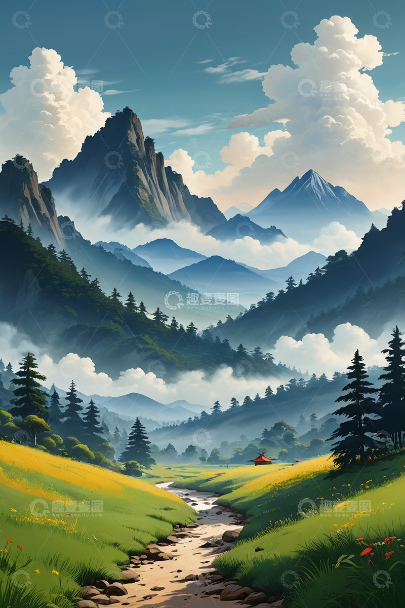 高清大图下载【趣麦麦图】山间草地溪流自然风光