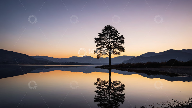 高清大图下载【趣麦麦图】湖畔孤树与山水的黄昏景象