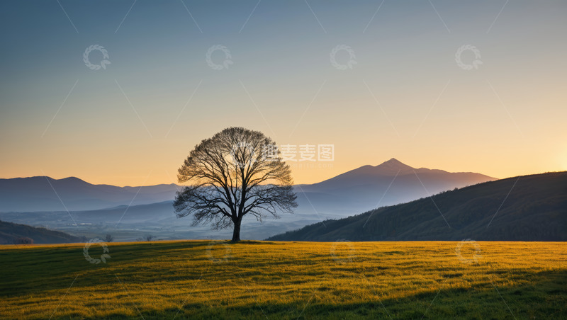 高清大图下载【趣麦麦图】草原上的孤树与远山风景