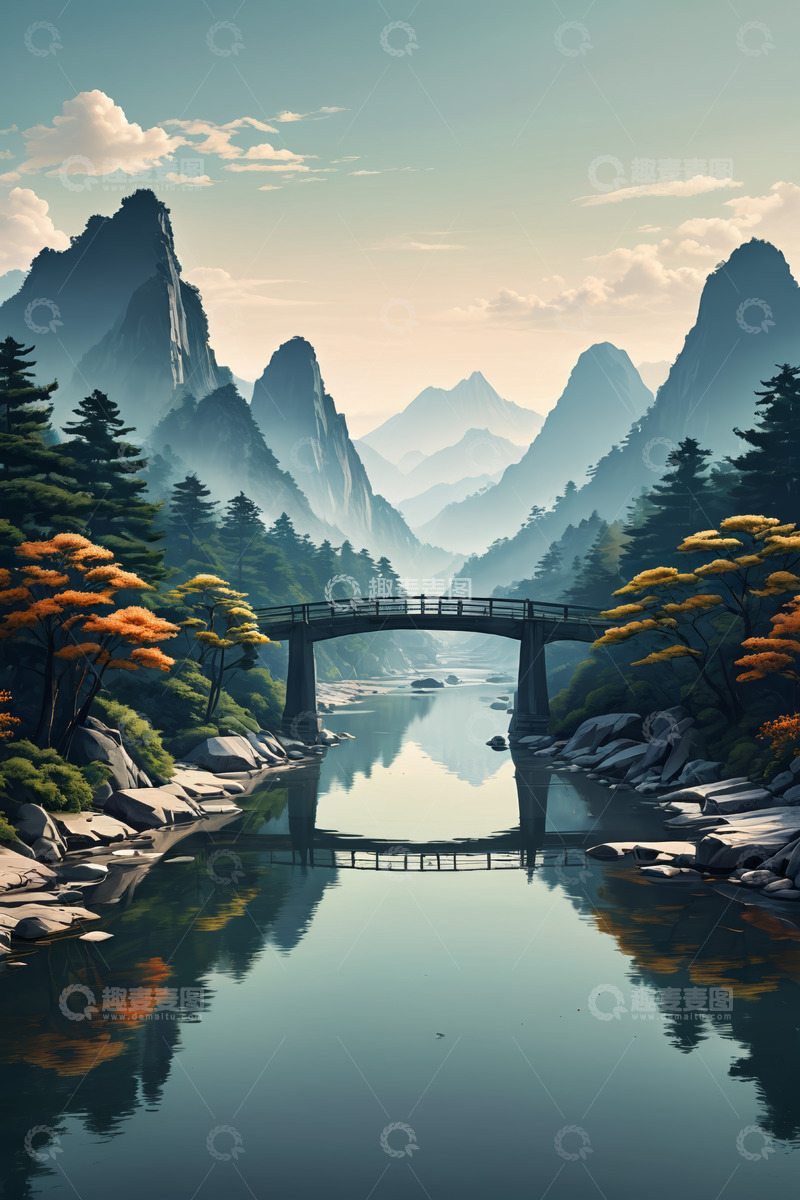 高清大图下载【趣麦麦图】山水间石桥与森林风景