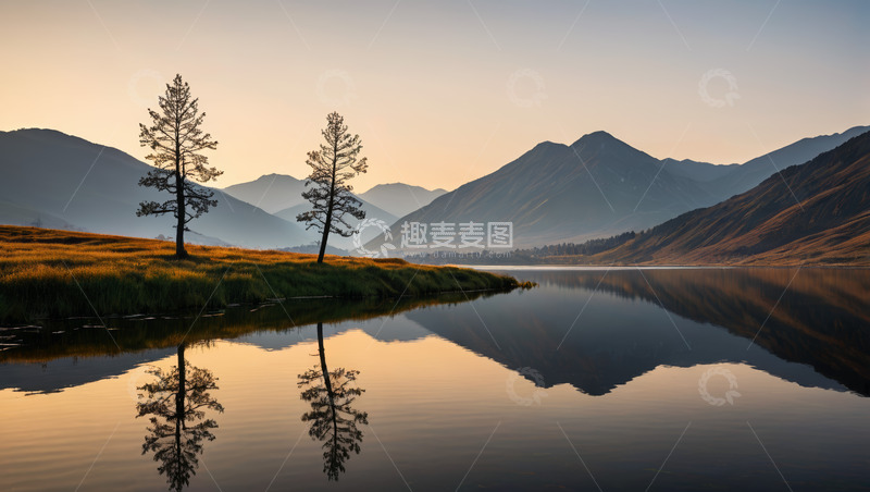 高清大图下载【趣麦麦图】湖畔山水与树木黄昏景色