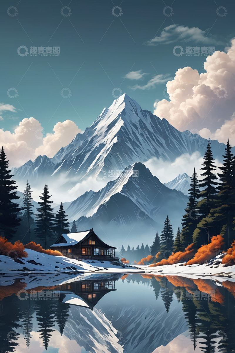 高清大图下载【趣麦麦图】雪山下湖畔小屋自然风光