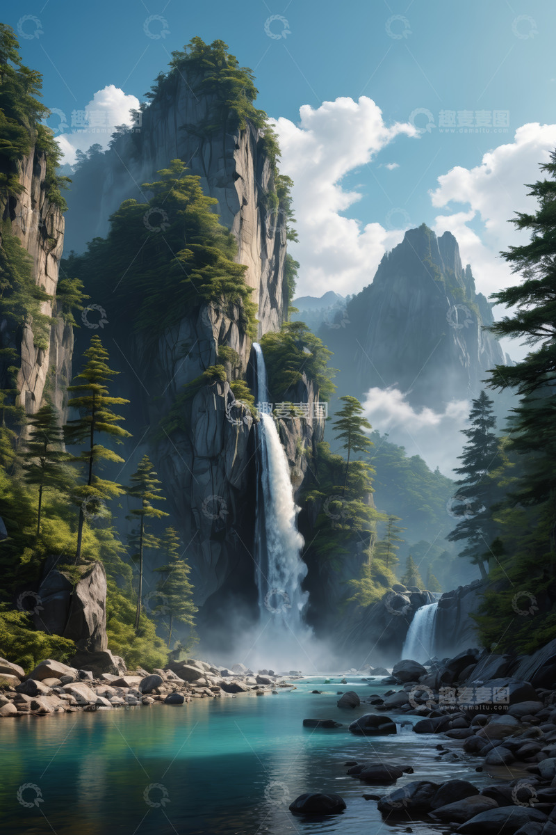 高清大图下载【趣麦麦图】山间瀑布森林自然景观