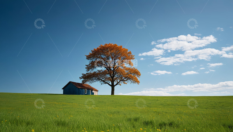 高清大图下载【趣麦麦图】草原上的小屋与树木风景
