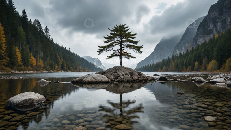 高清大图下载【趣麦麦图】湖心孤树山水自然景观