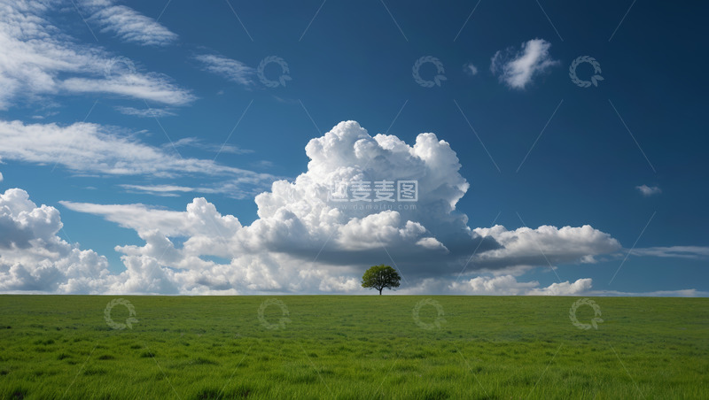 高清大图下载【趣麦麦图】草原上的孤树与蓝天白云
