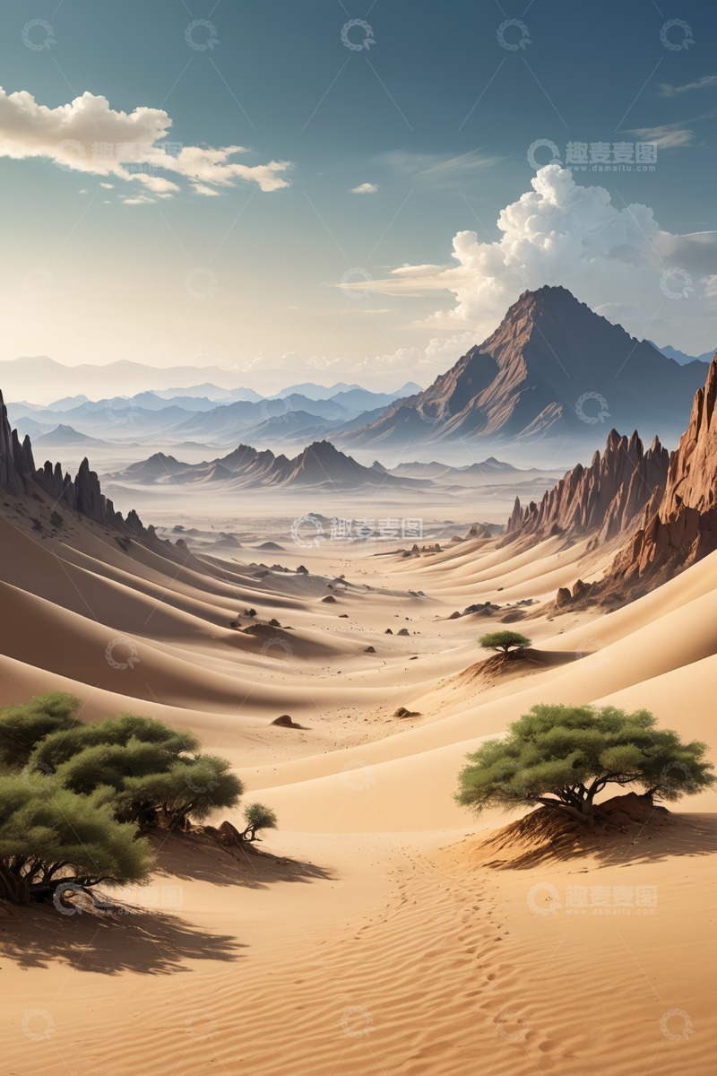 高清大图下载【趣麦麦图】-沙漠风光与远处山峦景致