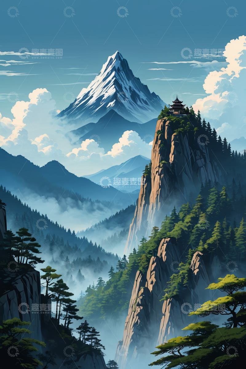 高清大图下载【趣麦麦图】山峰云海间的中式建筑景观