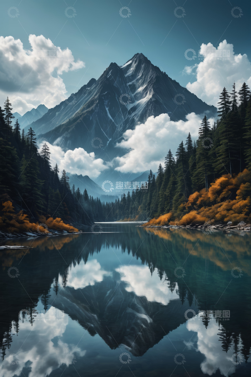 高清大图下载【趣麦麦图】山水间森林环绕的巍峨山峰