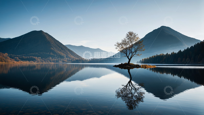 高清大图下载【趣麦麦图】湖中小岛孤树与山水景观