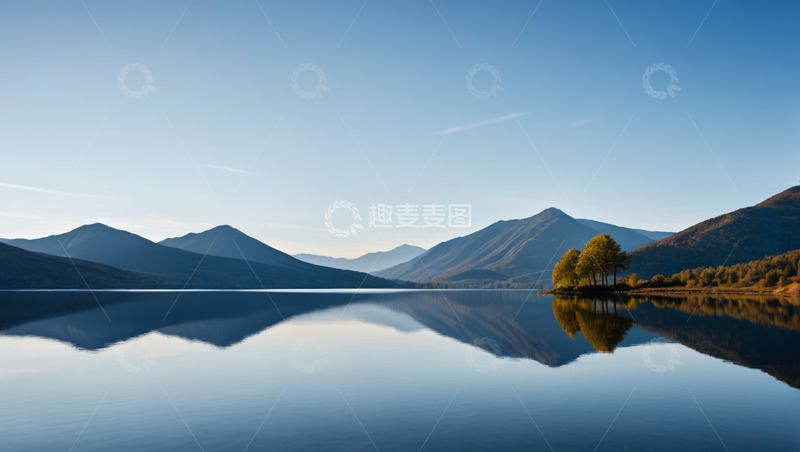 高清大图下载【趣麦麦图】平静湖面与远处山峦风景