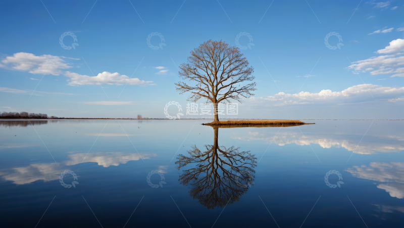 高清大图下载【趣麦麦图】湖心孤树与天空倒影景观