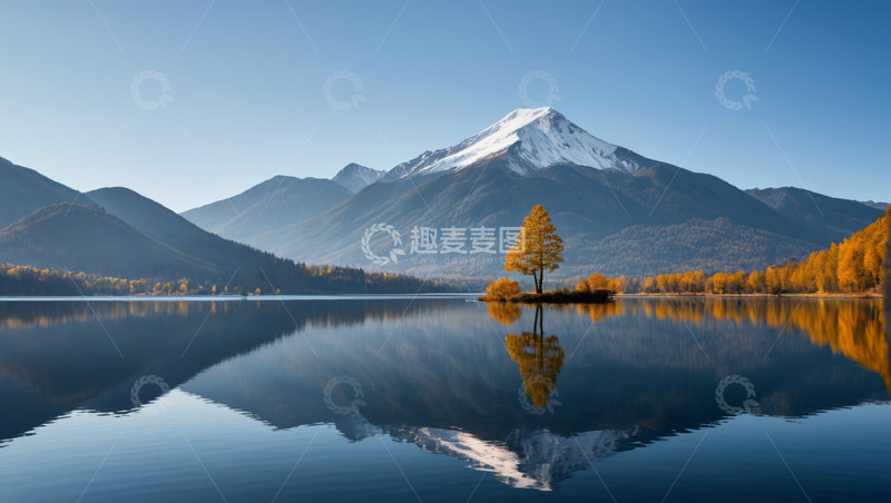 高清大图下载【趣麦麦图】雪山湖泊边的秋日孤树风景