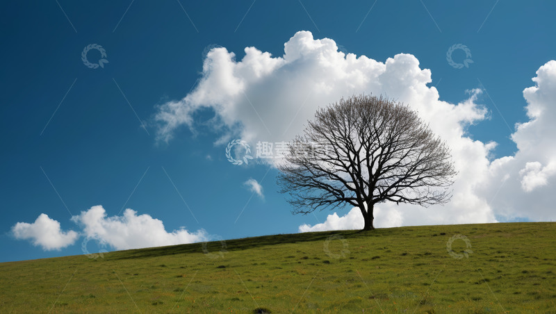 高清大图下载【趣麦麦图】草地上单棵树木与蓝天白云景观