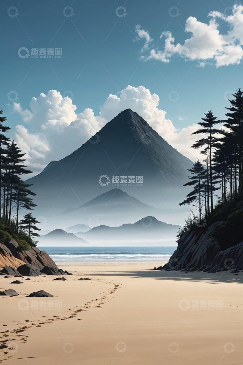 高清大图下载【趣麦麦图】海边沙滩与远处山峦风景