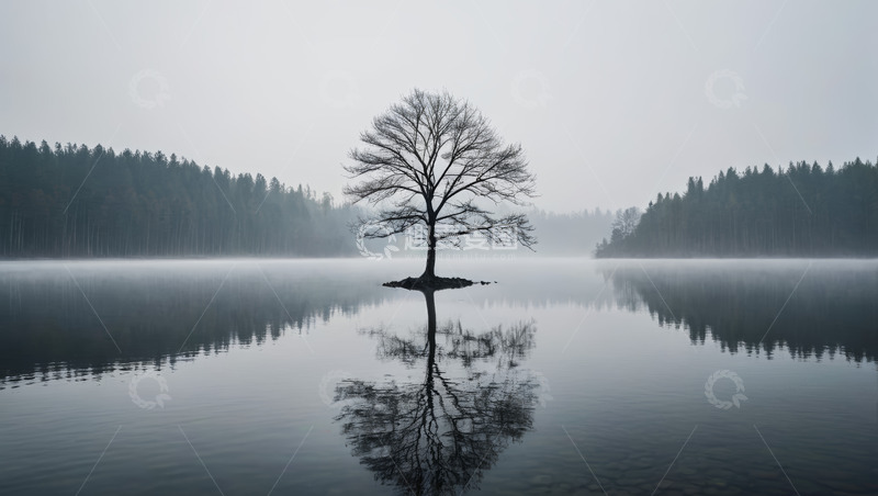 高清大图下载【趣麦麦图】湖中小岛孤树自然风光