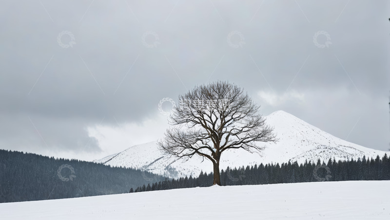 高清大图下载【趣麦麦图】雪中山间孤树自然景观