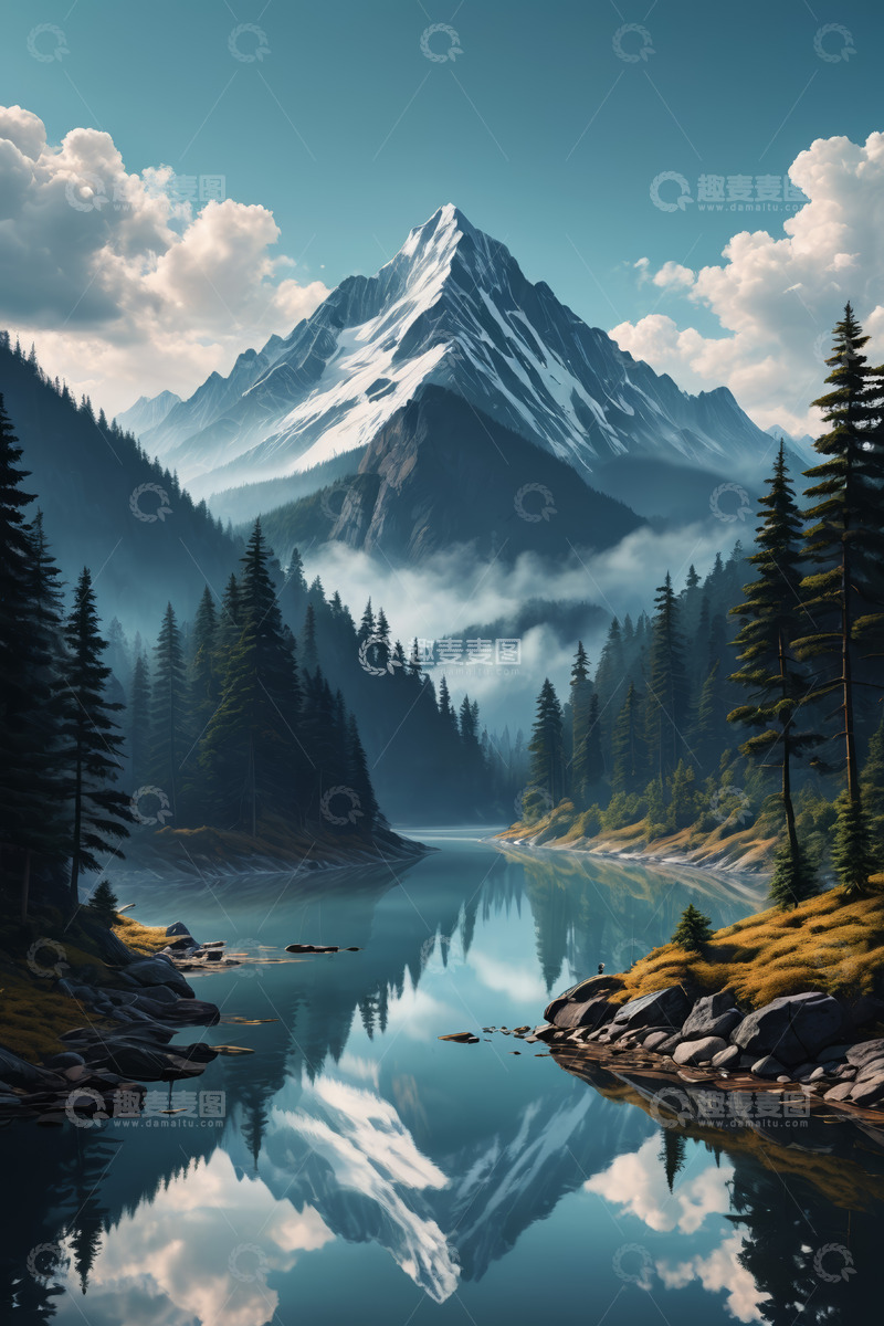 高清大图下载【趣麦麦图】雪山森林湖泊自然景观