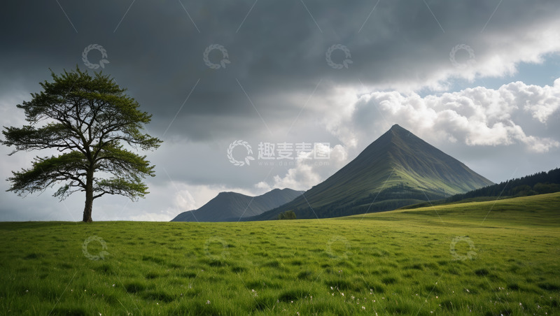 高清大图下载【趣麦麦图】草原孤树与远山风景