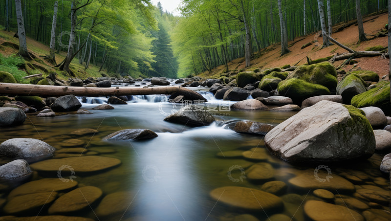 高清大图下载【趣麦麦图】森林中流淌的清澈溪流