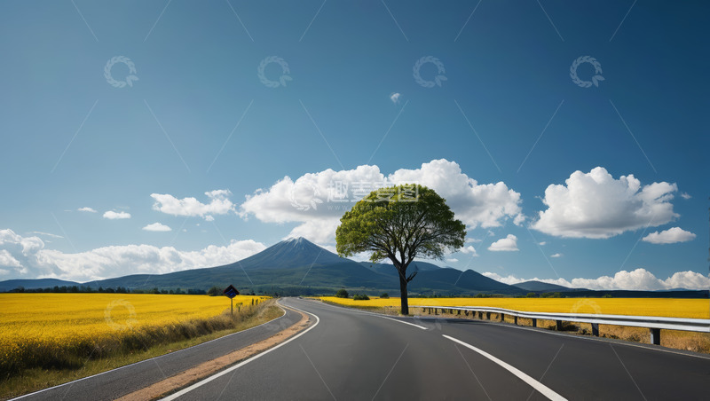 高清大图下载【趣麦麦图】公路旁田野与远山风景