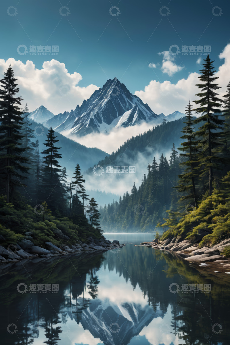 高清大图下载【趣麦麦图】山林湖泊与远处雪山风景