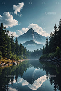 山林湖泊与远山倒影风景