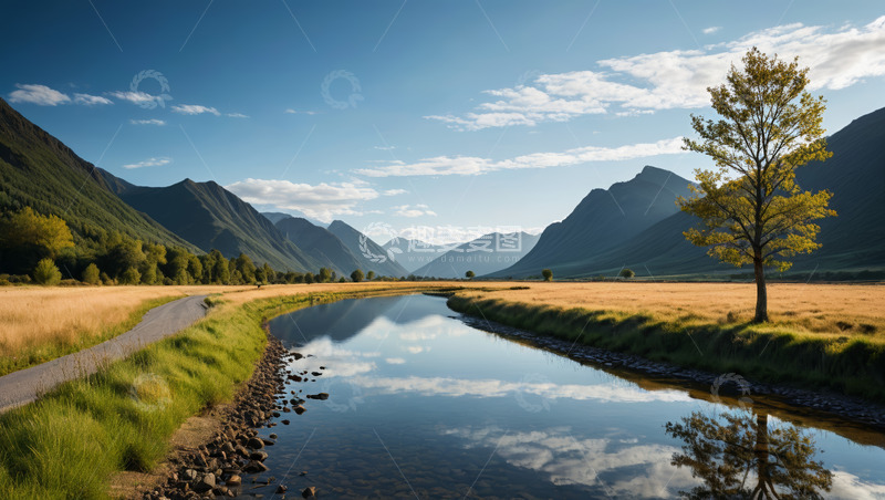 高清大图下载【趣麦麦图】山间河流与田野风景